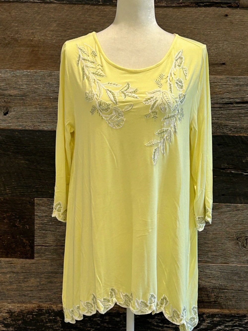 Soft Surroundings 3/4 Sleeve Embellished Lemon Yellow Flowy Top. Medium - Picture 5 of 8